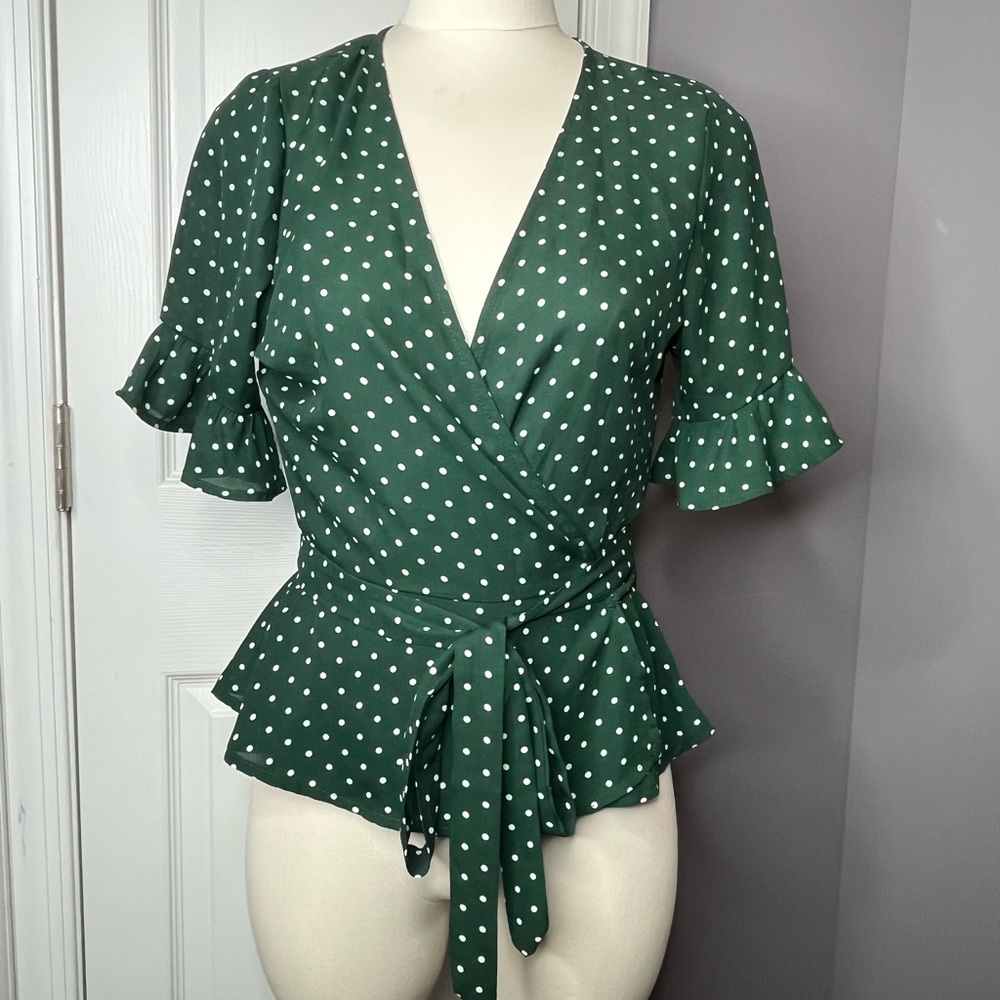 Forever 21 Green Polka Dot Ruffle Blouse